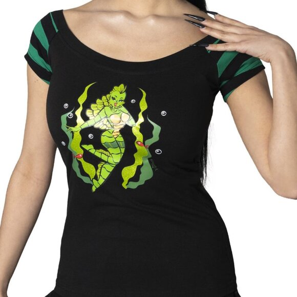 She Creature Glitter Black Green Stripe Off Shoulder Top Tee S-M-L-XL-2XL-3XL - Picture 1 of 3